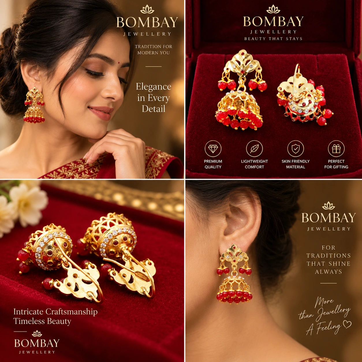 Bombay Jewellery Ruby Bloom Gold-Plated Red Pearl Jhumka Earrings - Image 4