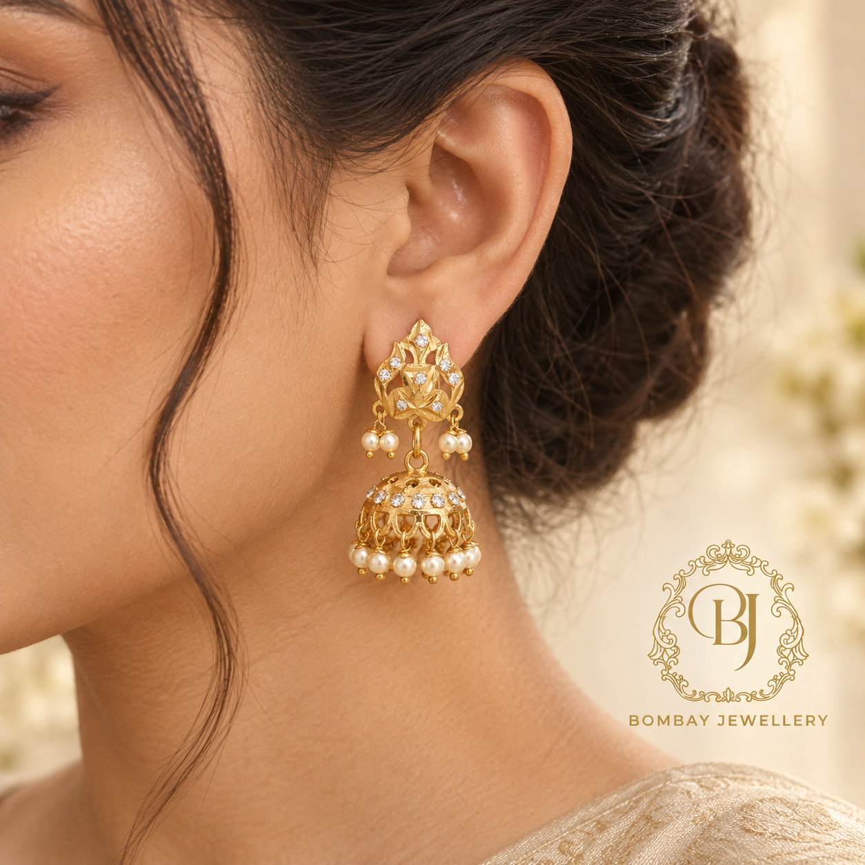 Pearl Glow Gold-Plated Jhumka Earrings - Image 2