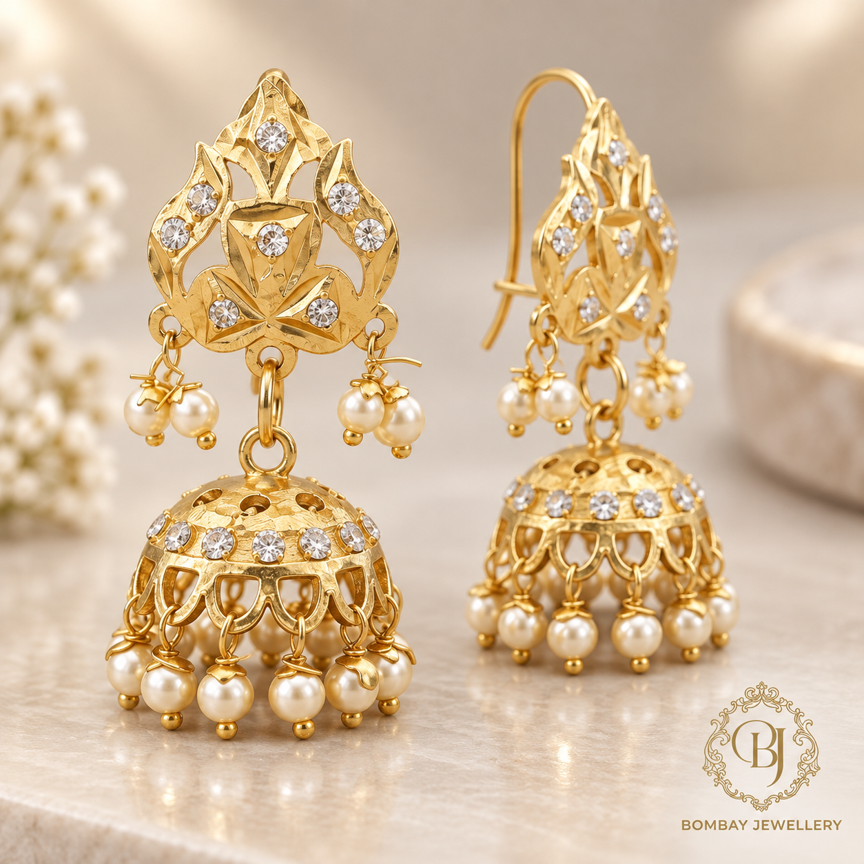 Pearl Glow Gold-Plated Jhumka Earrings - Image 4