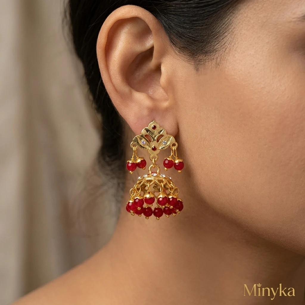 Bombay Jewellery Ruby Bloom Gold-Plated Red Pearl Jhumka Earrings - Image 3