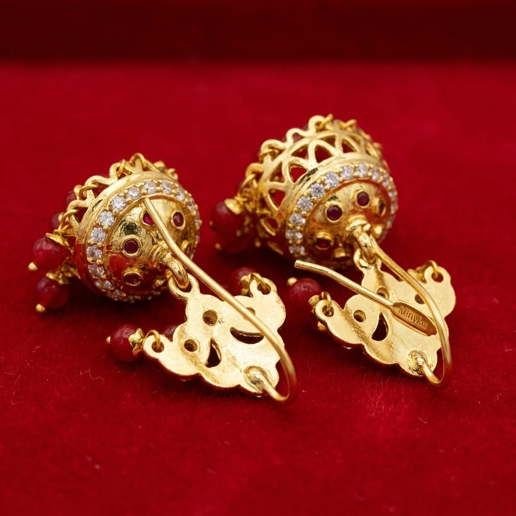 Bombay Jewellery Ruby Bloom Gold-Plated Red Pearl Jhumka Earrings - Image 2